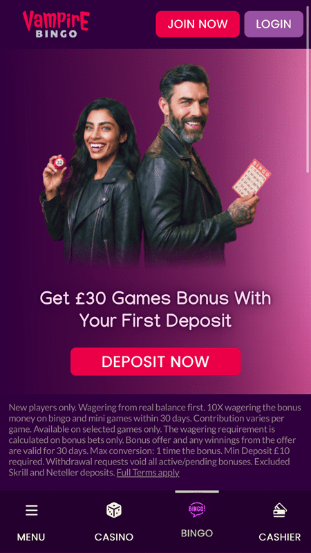 Two vampire characters in leather jackets promoting the Vampire Bingo first deposit bonus