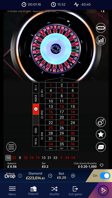 Live roulette wheel and betting layout on mobile at William Hill