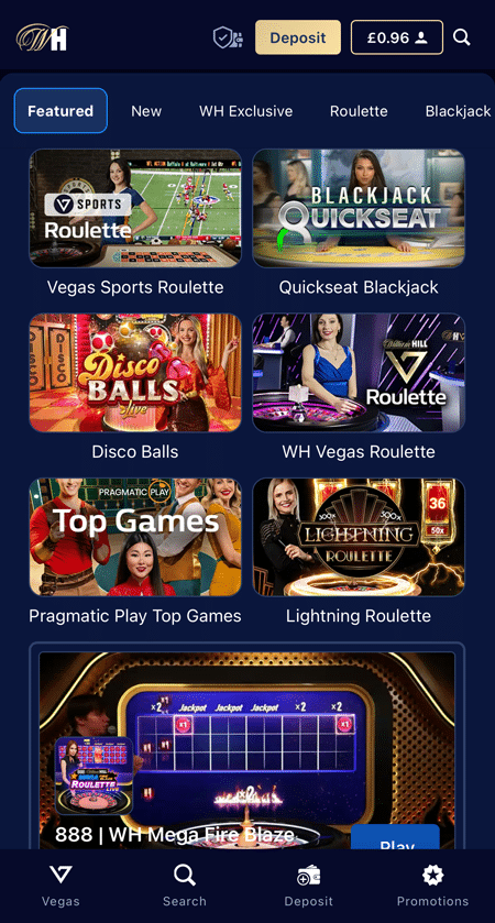 Featured live tables at William Hill including WH Vegas Roulette and Lightning Roulette