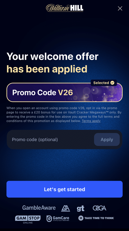 William Hill Vegas welcome offer of a £20 bonus for Vault Cracker Megaways with code V26