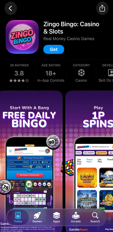 App Store preview screens for Zingo Bingo showing free daily bingo and 1p spins
